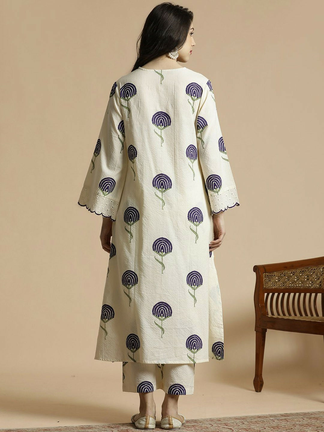 White & Navy Blue Floral Printed A-Line Kurta with Palazzos