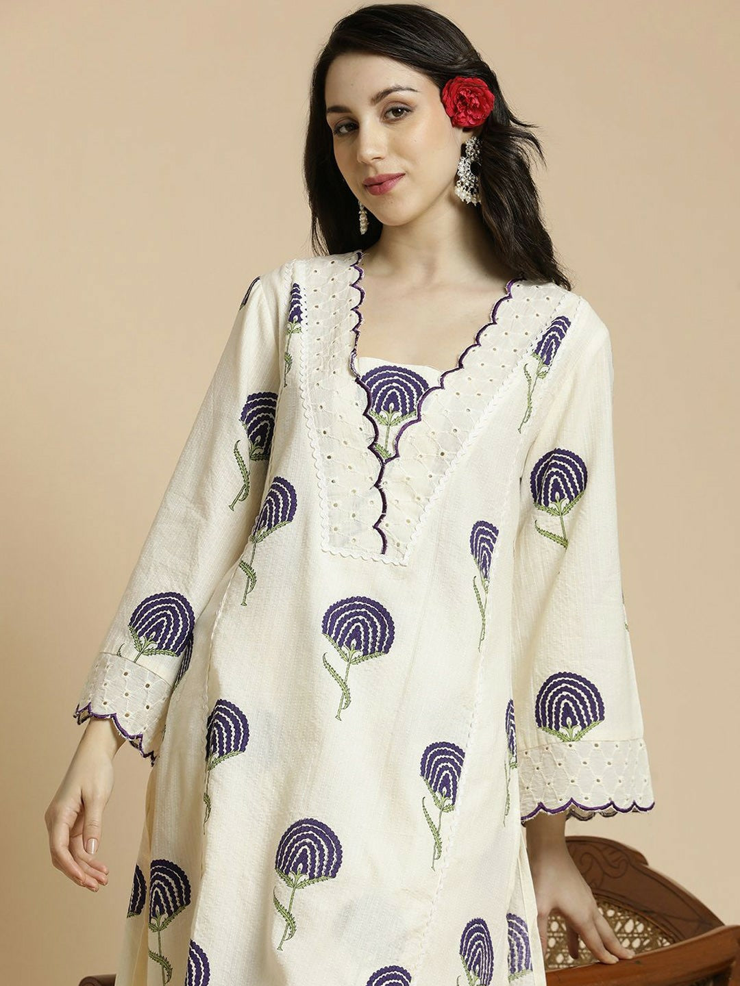 White & Navy Blue Floral Printed A-Line Kurta with Palazzos