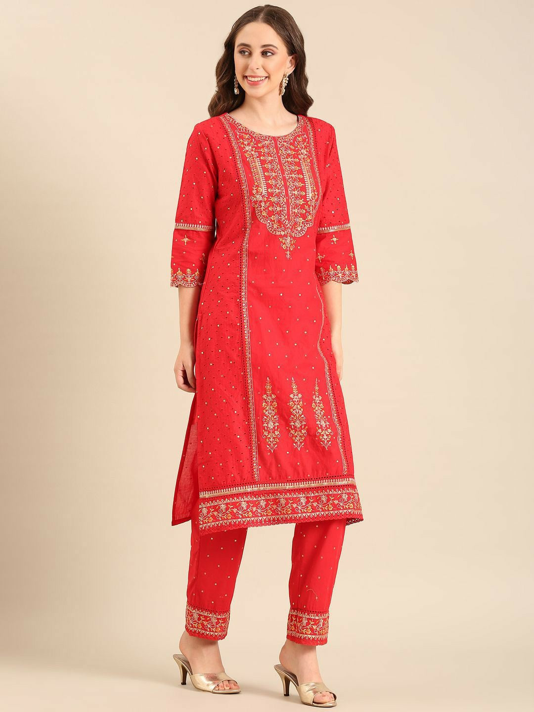 Red Floral Embroidered Straight Kurta with Palazzos and Dupatta