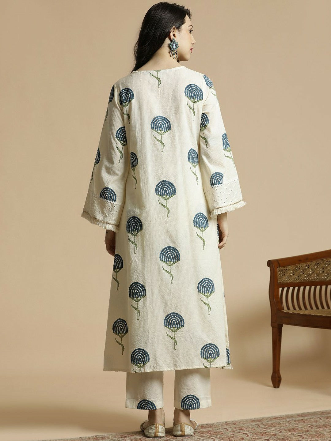 Teal & White Floral Mirror Work A-Line Kurta with Palazzos