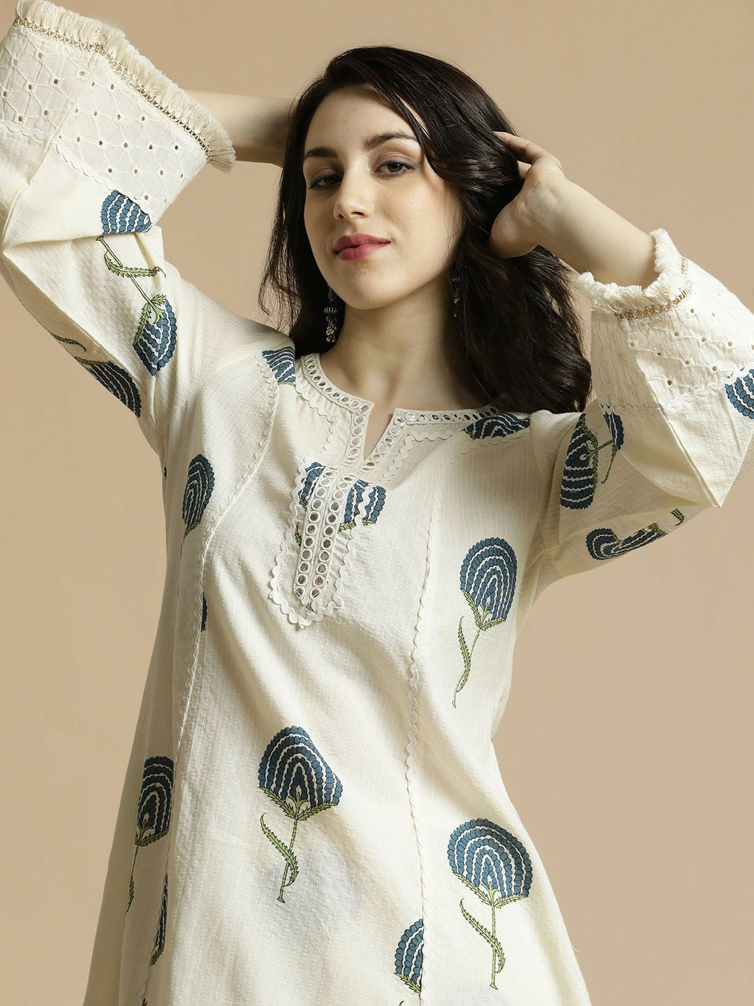 Teal & White Floral Mirror Work A-Line Kurta with Palazzos