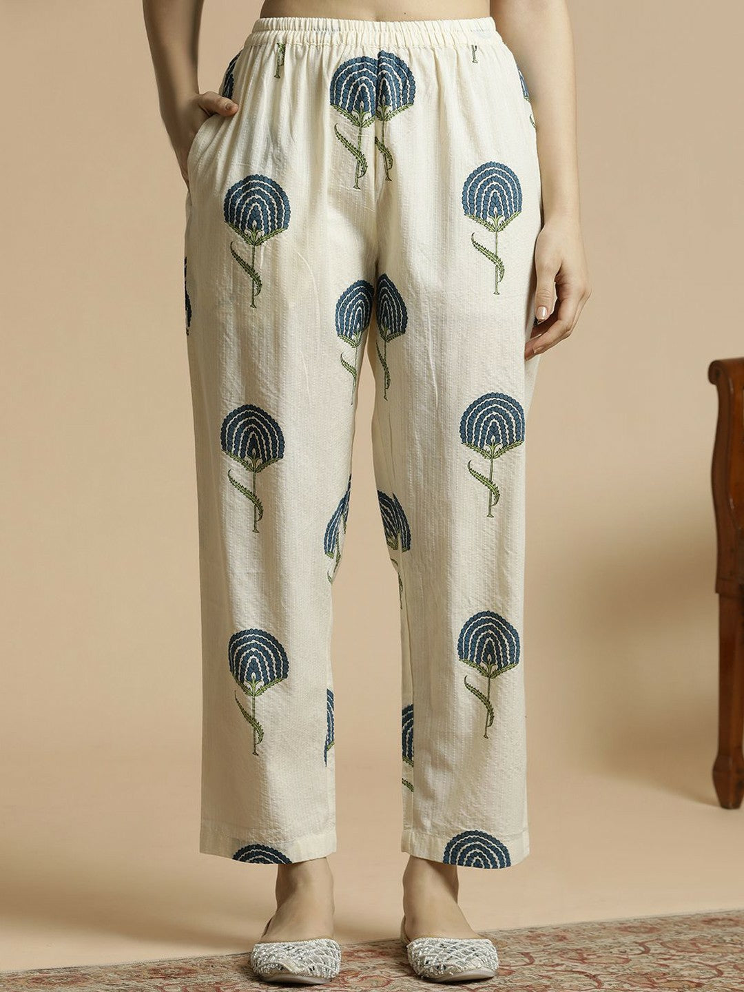 Teal & White Floral Mirror Work A-Line Kurta with Palazzos