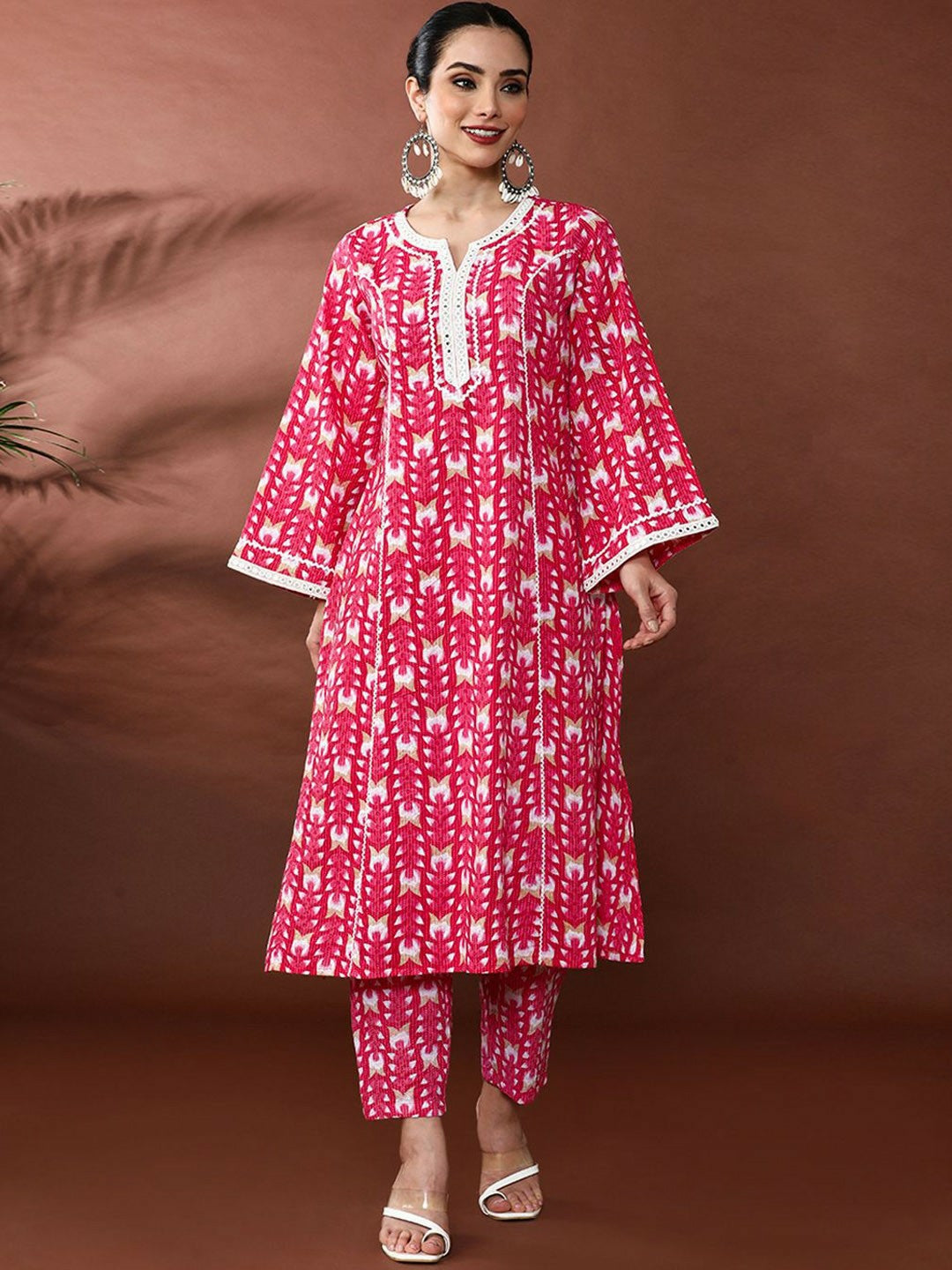 Pink Floral Printed Mirror Work Kurta with Printed Trousers