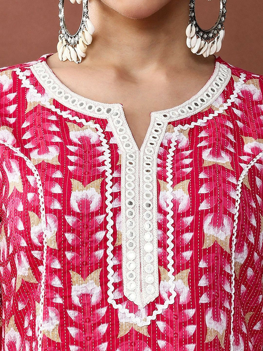 Pink Floral Printed Mirror Work Kurta with Printed Trousers
