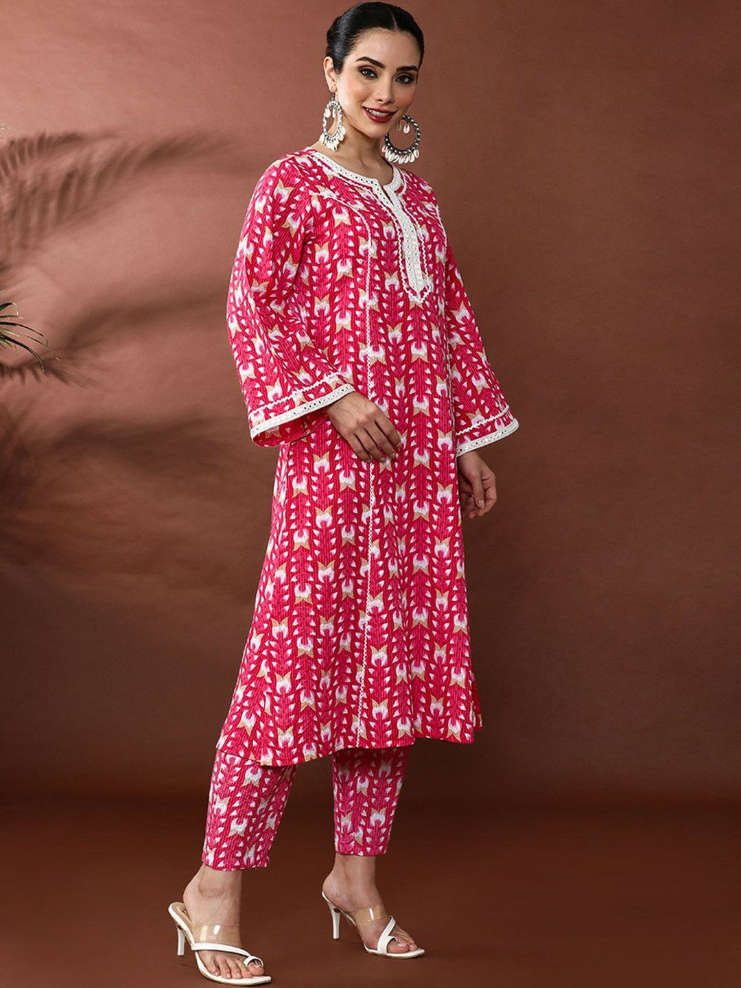 Pink Floral Printed Mirror Work Kurta with Printed Trousers