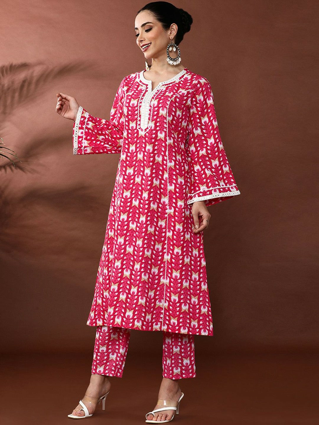 Pink Floral Printed Mirror Work Kurta with Printed Trousers
