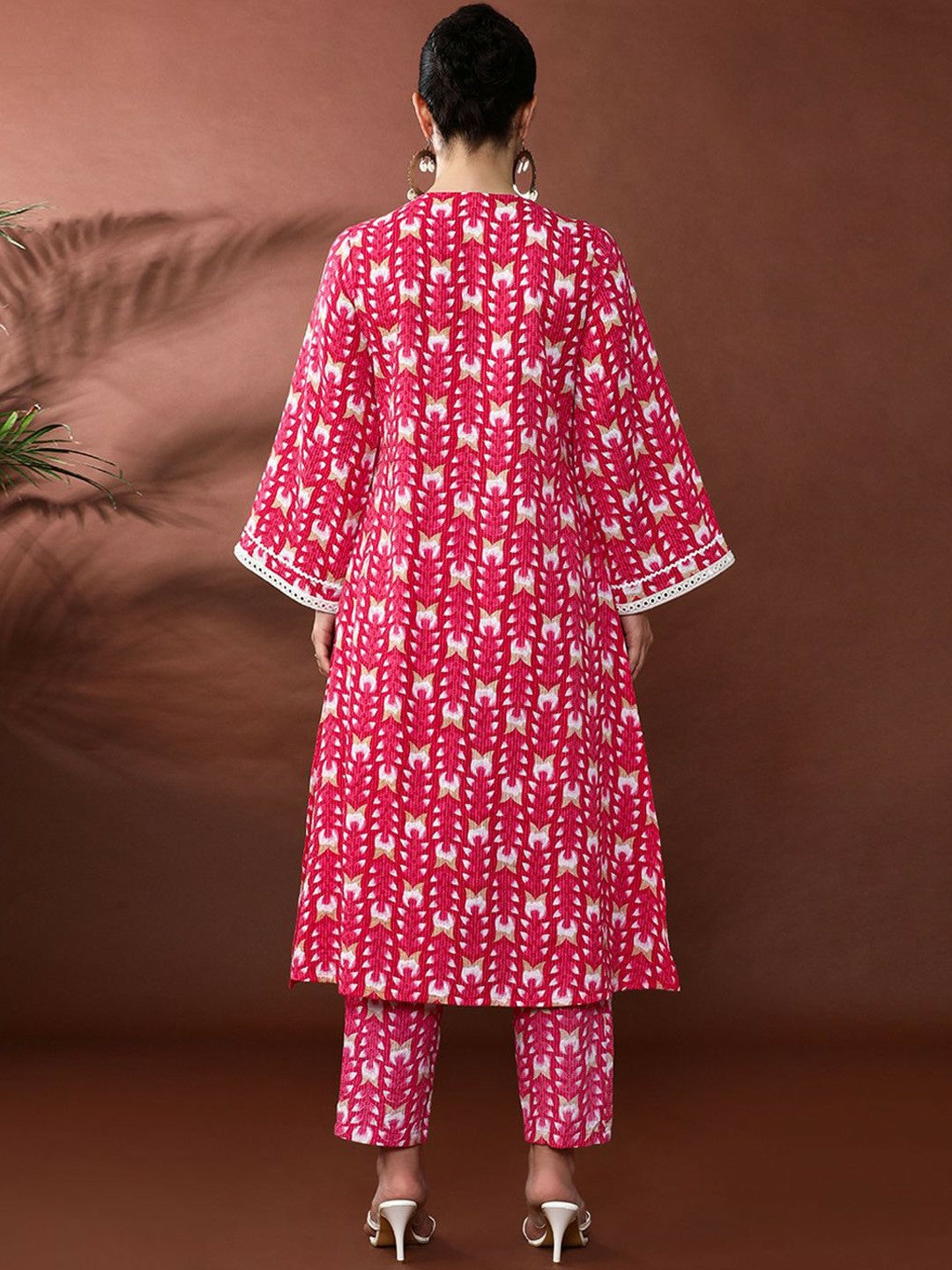 Pink Floral Printed Mirror Work Kurta with Printed Trousers