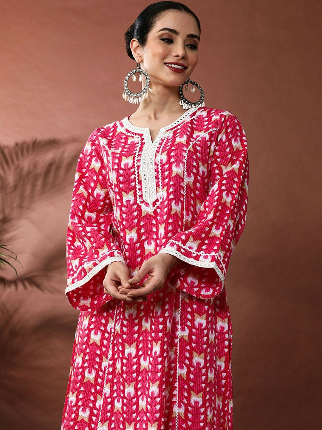 Pink Floral Printed Mirror Work Kurta with Printed Trousers
