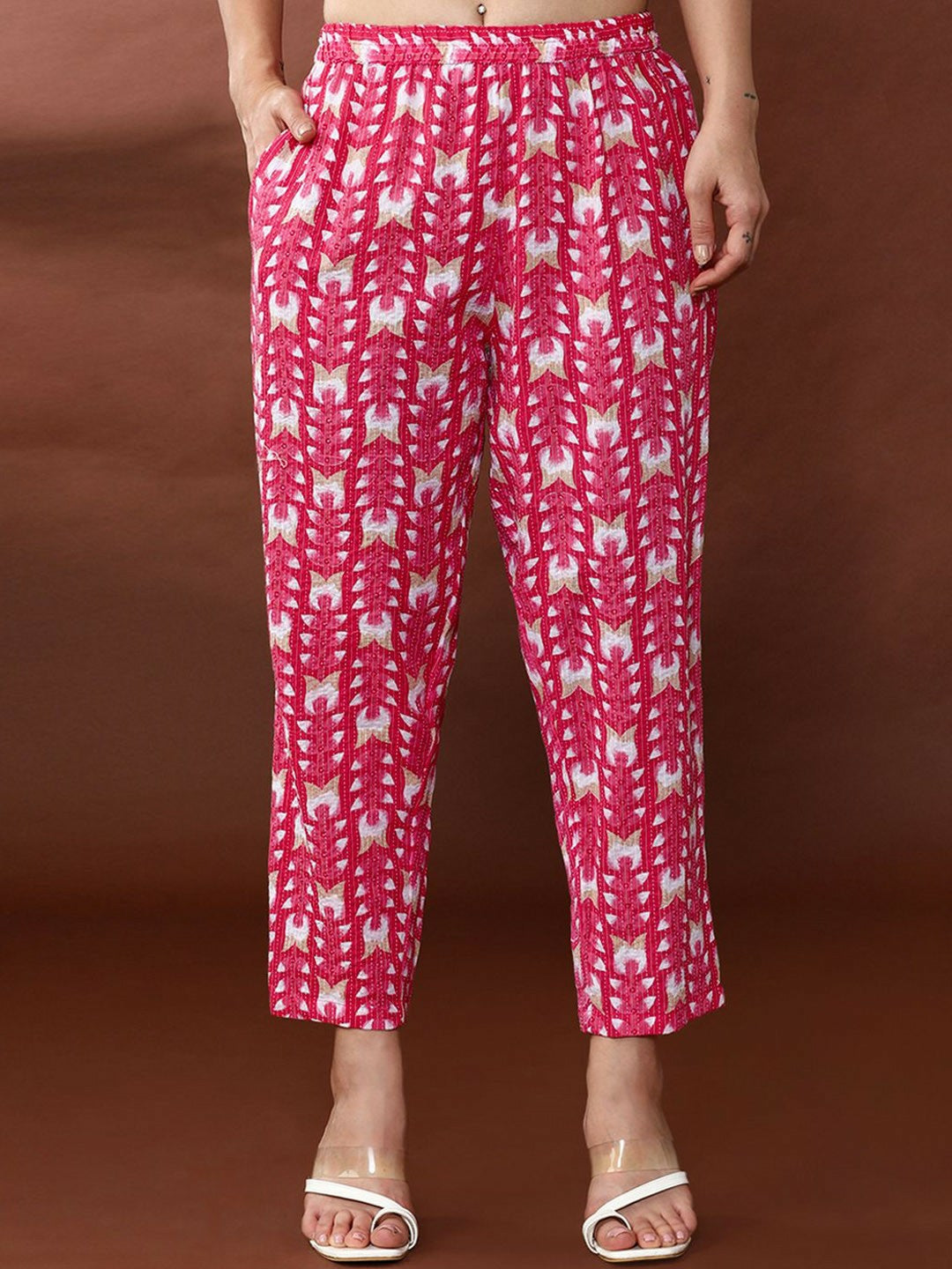 Pink Floral Printed Mirror Work Kurta with Printed Trousers