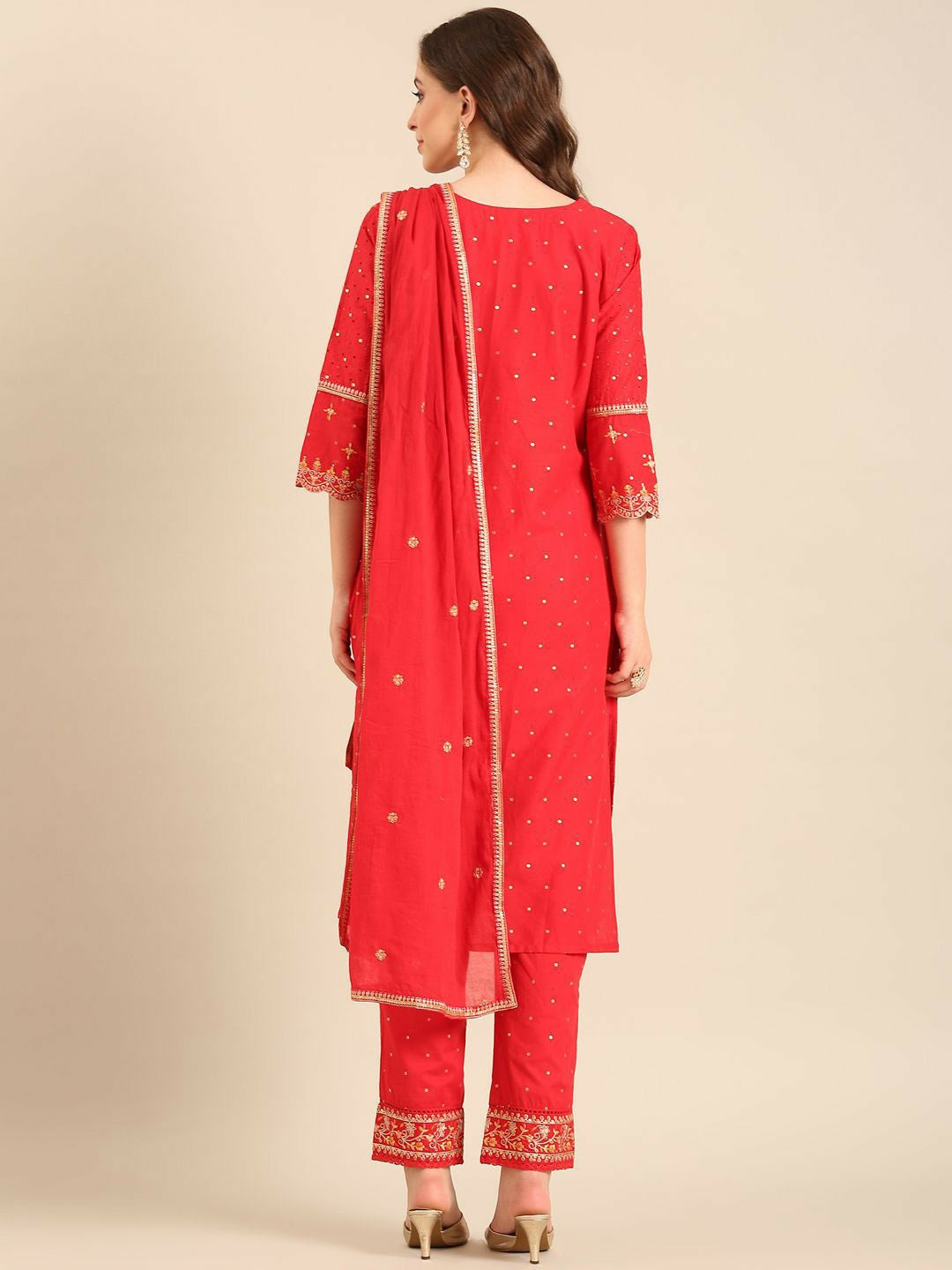 Red Floral Embroidered Straight Kurta with Palazzos and Dupatta