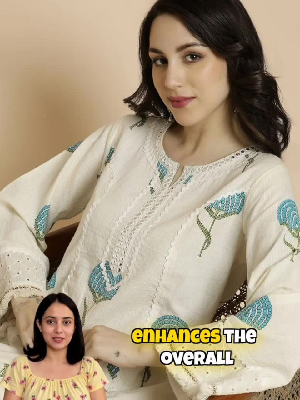 Off-White & Blue Floral Printed Notch Neck Kurta with Trouser