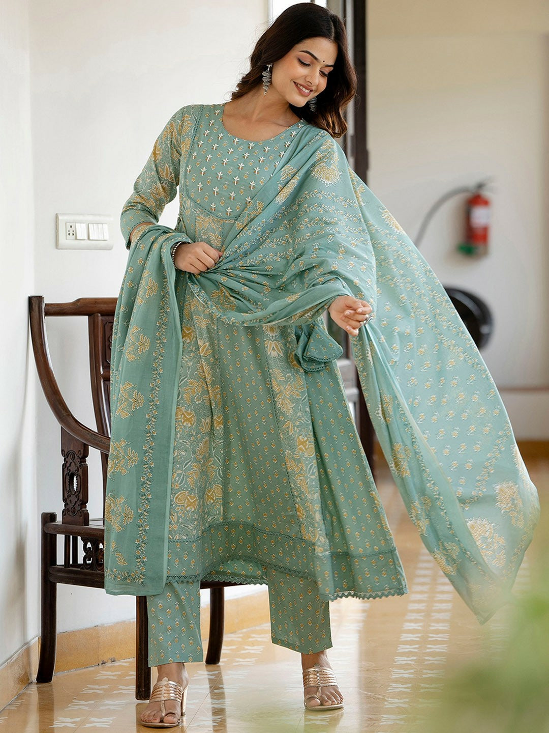 Green Floral Printed Panelled Anarkali Kurta with Trousers & Dupatta
