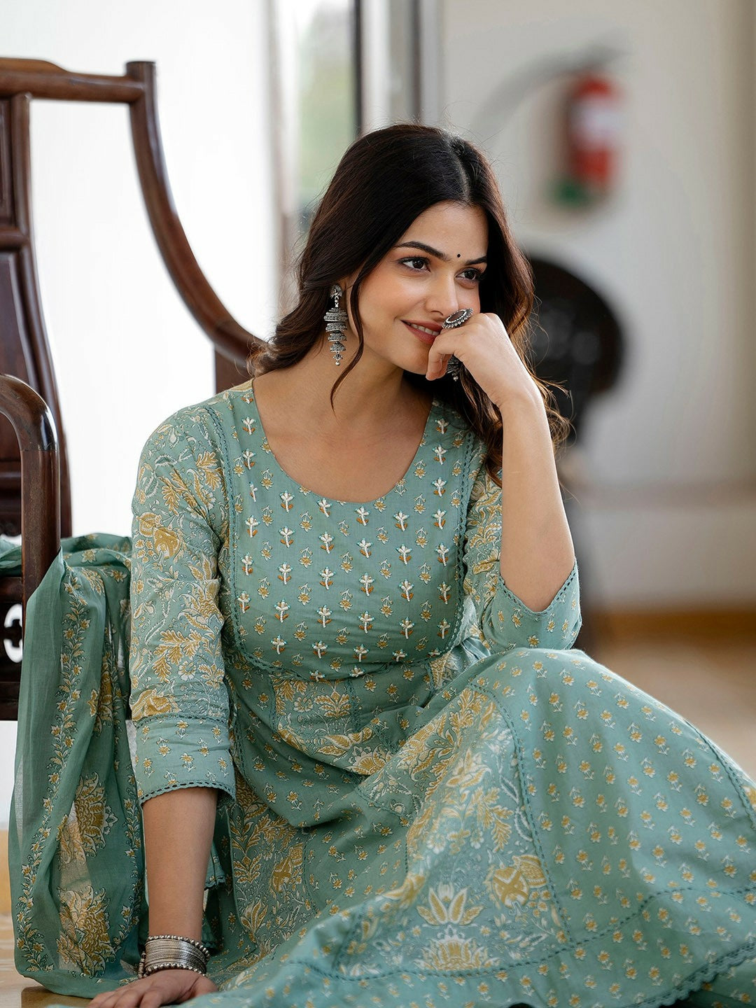 Green Floral Printed Panelled Anarkali Kurta with Trousers & Dupatta