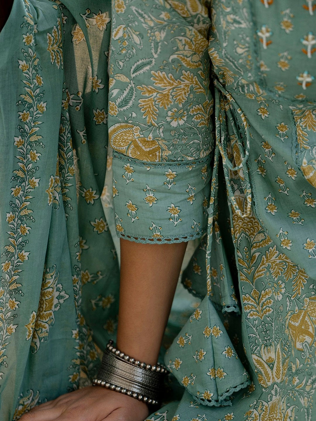 Green Floral Printed Panelled Anarkali Kurta with Trousers & Dupatta