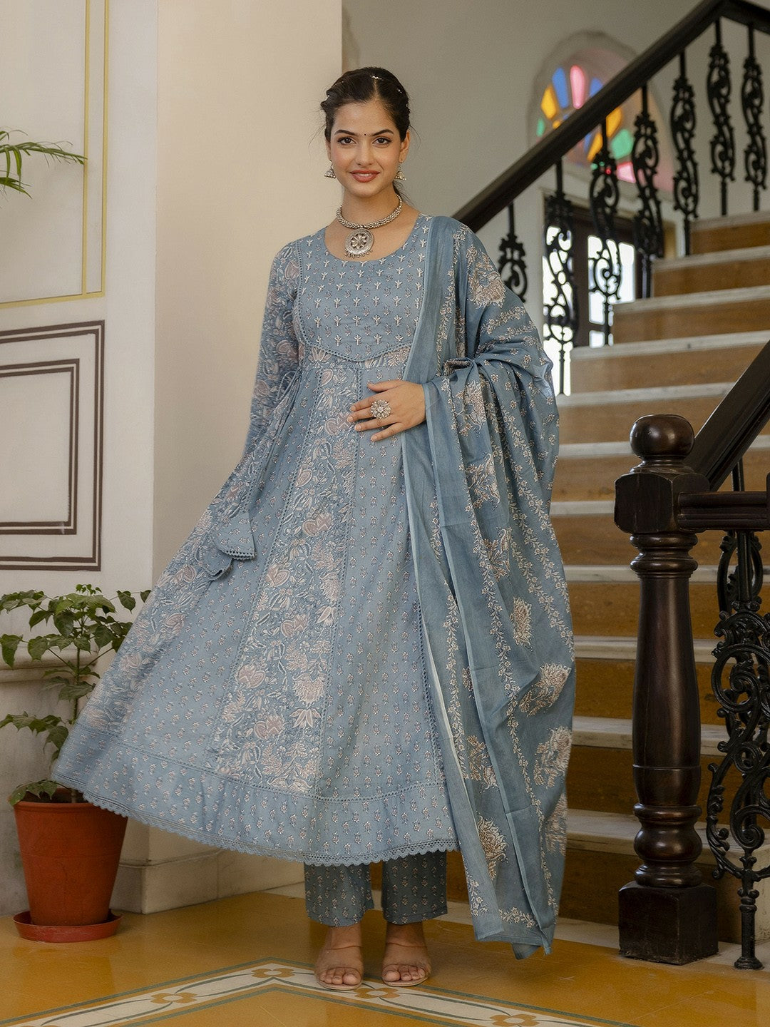 Grey Floral Anarkali Kurta Set with Printed Trousers & Dupatta