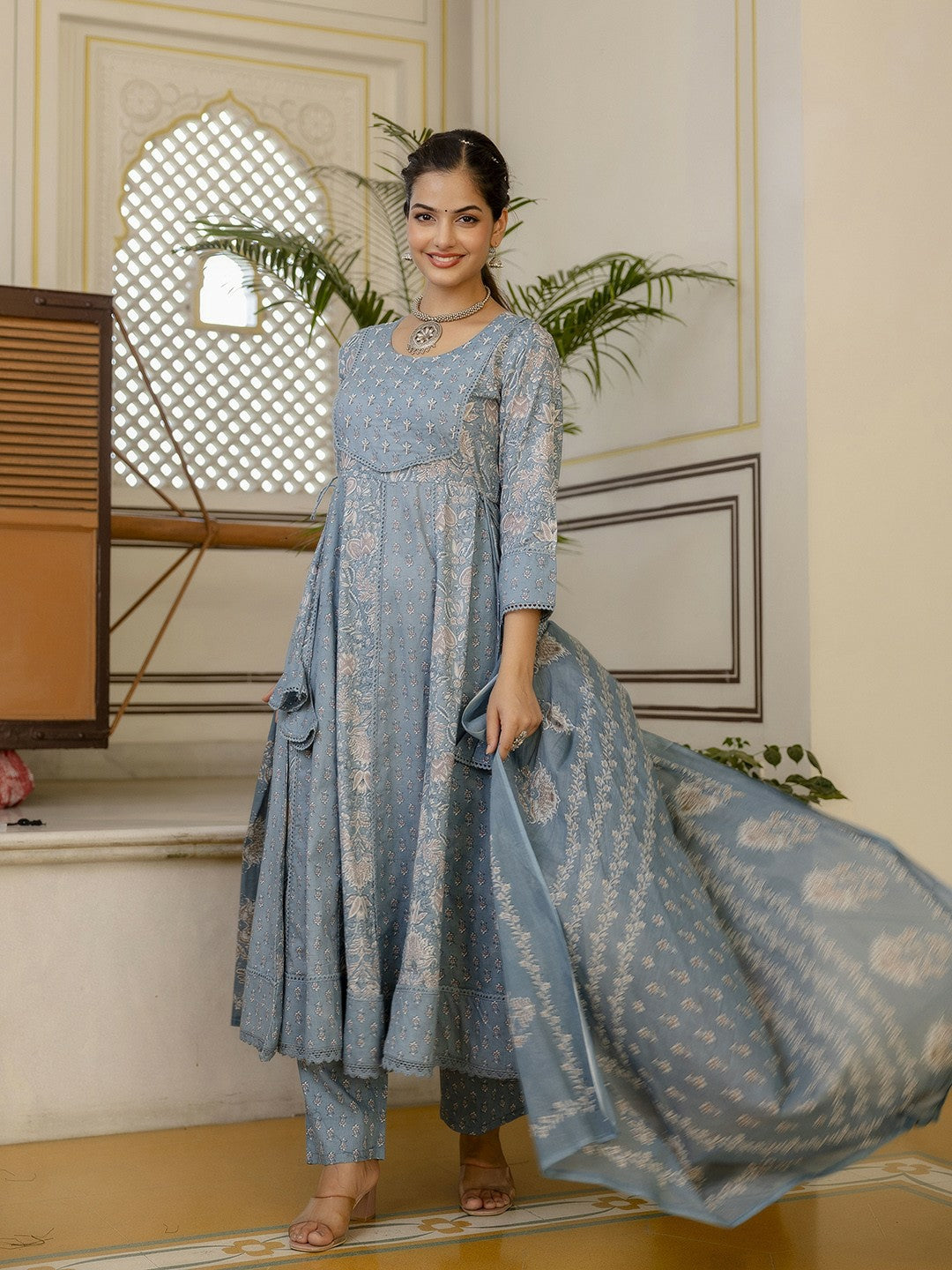 Grey Floral Anarkali Kurta Set with Printed Trousers & Dupatta