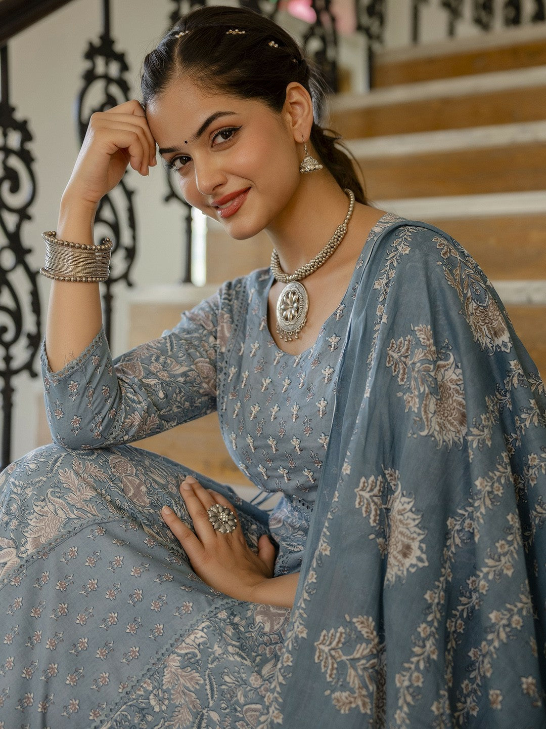 Grey Floral Anarkali Kurta Set with Printed Trousers & Dupatta