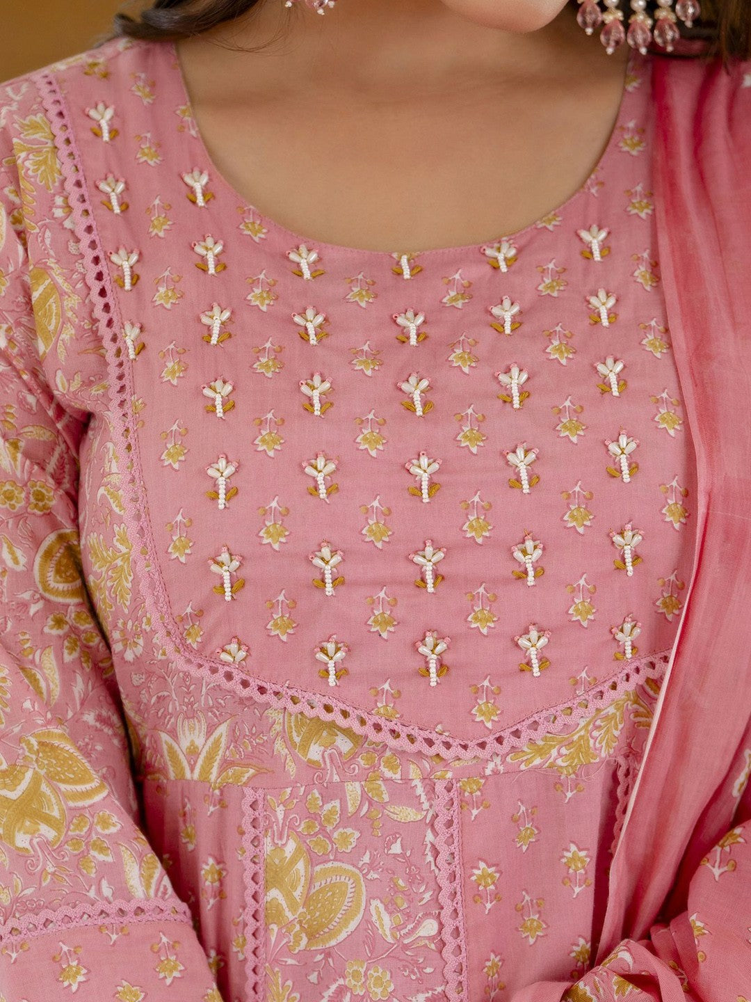 Pink Floral Anarkali Kurta Set with Dupatta