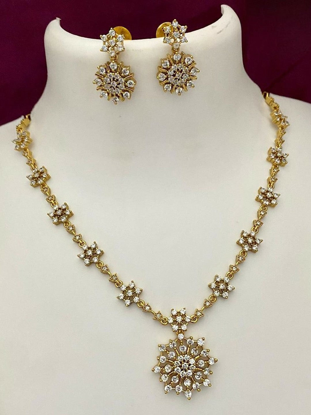 Gold-Toned Cubic Zirconia Studded Choker Necklace Set with Earrings