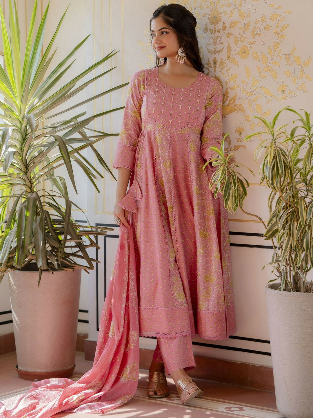Pink Floral Anarkali Kurta Set with Dupatta
