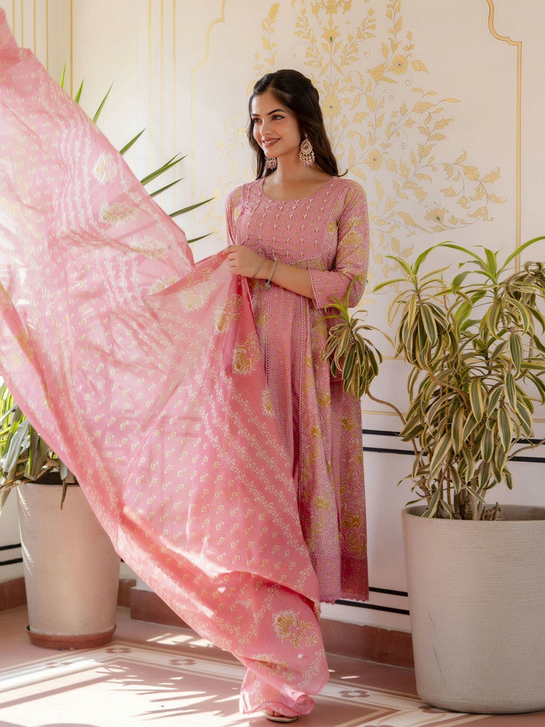 Pink Floral Anarkali Kurta Set with Dupatta