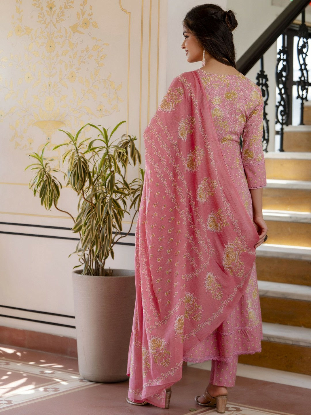 Pink Floral Anarkali Kurta Set with Dupatta