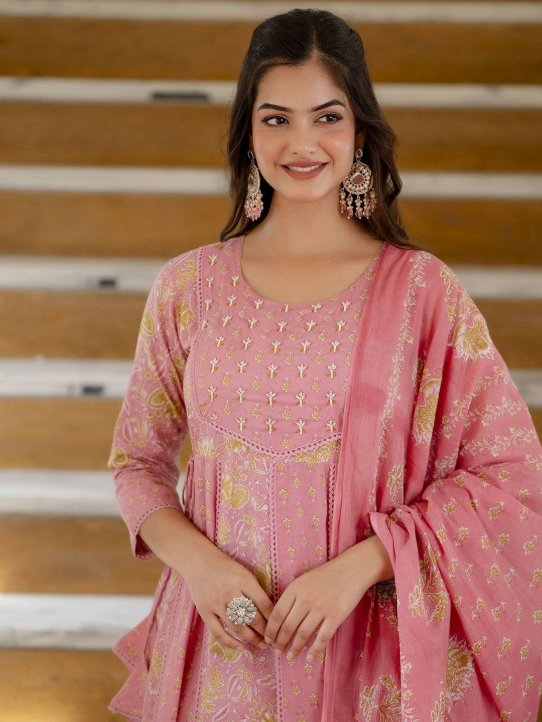 Pink Floral Anarkali Kurta Set with Dupatta