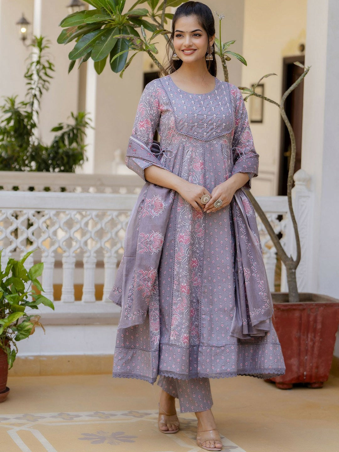 Purple Floral Yoke Anarkali Kurta Set with Printed Trousers & Dupatta