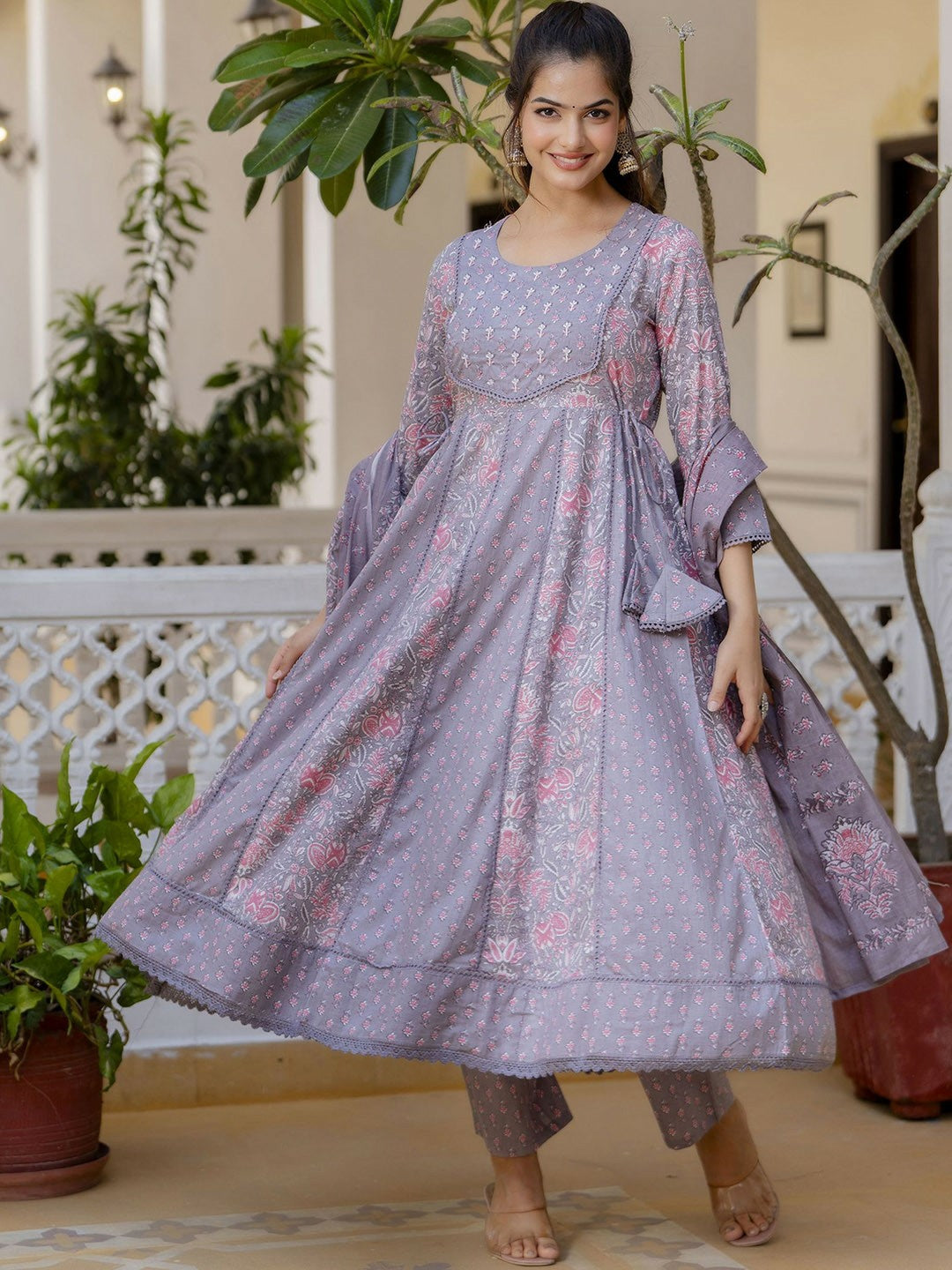 Purple Floral Yoke Anarkali Kurta Set with Printed Trousers & Dupatta