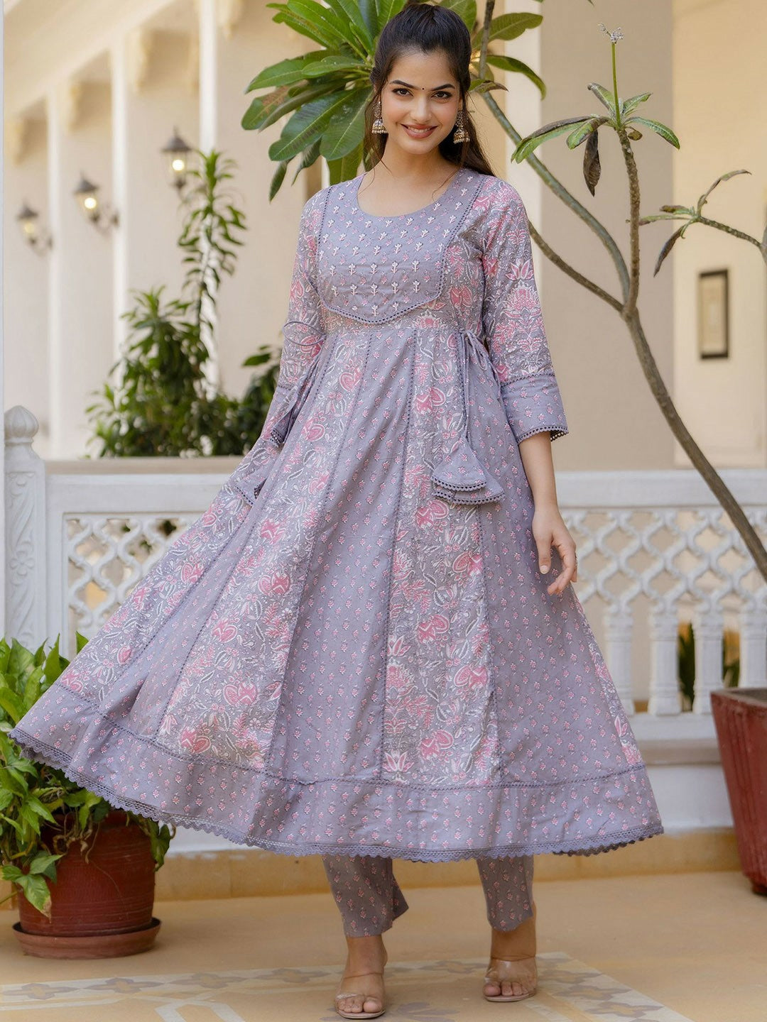 Purple Floral Yoke Anarkali Kurta Set with Printed Trousers & Dupatta