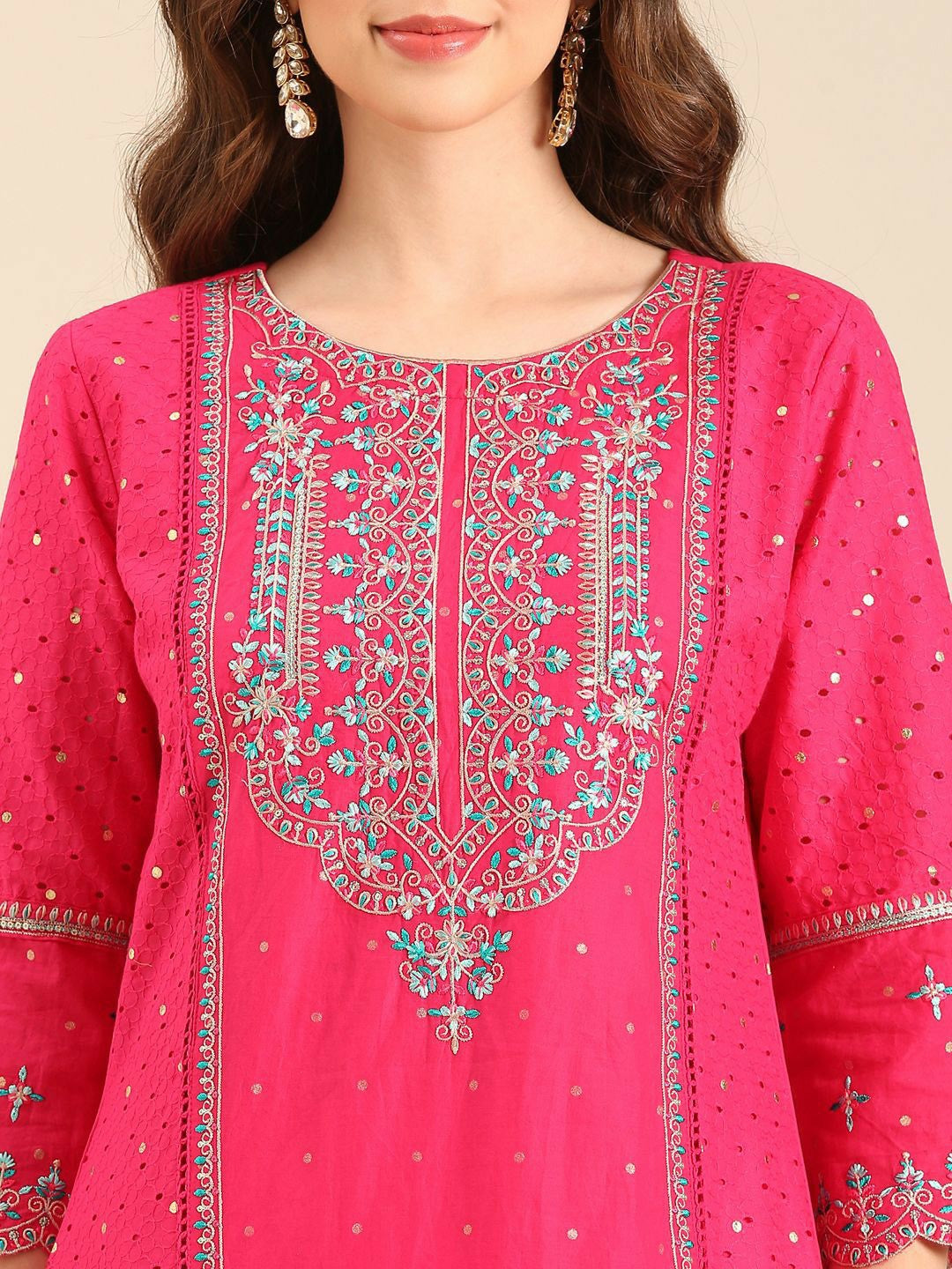 Pink Embroidered Round Neck Straight Kurta with Trouser & Dupatta