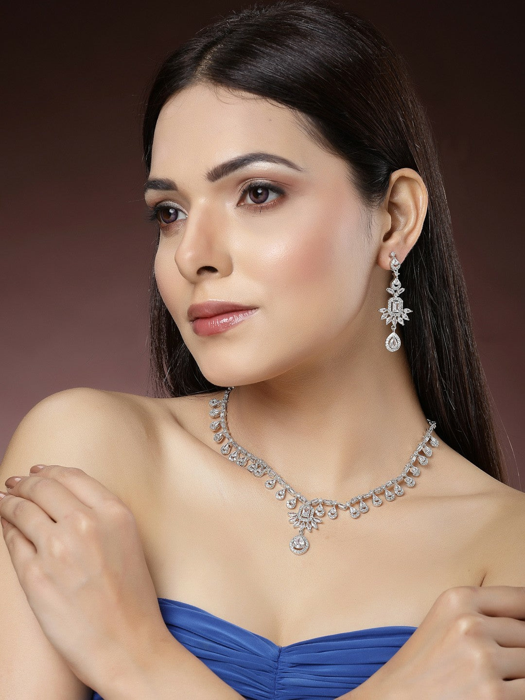 Rhodium-Plated American Diamond Necklace & Earrings Set