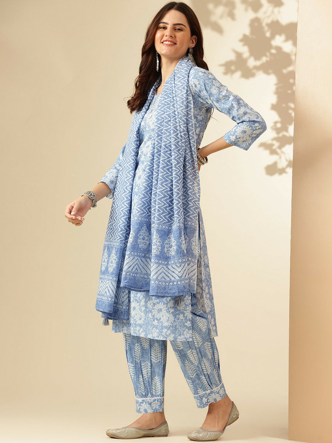 Blue Floral Printed Kurta with Patiala & Dupatta