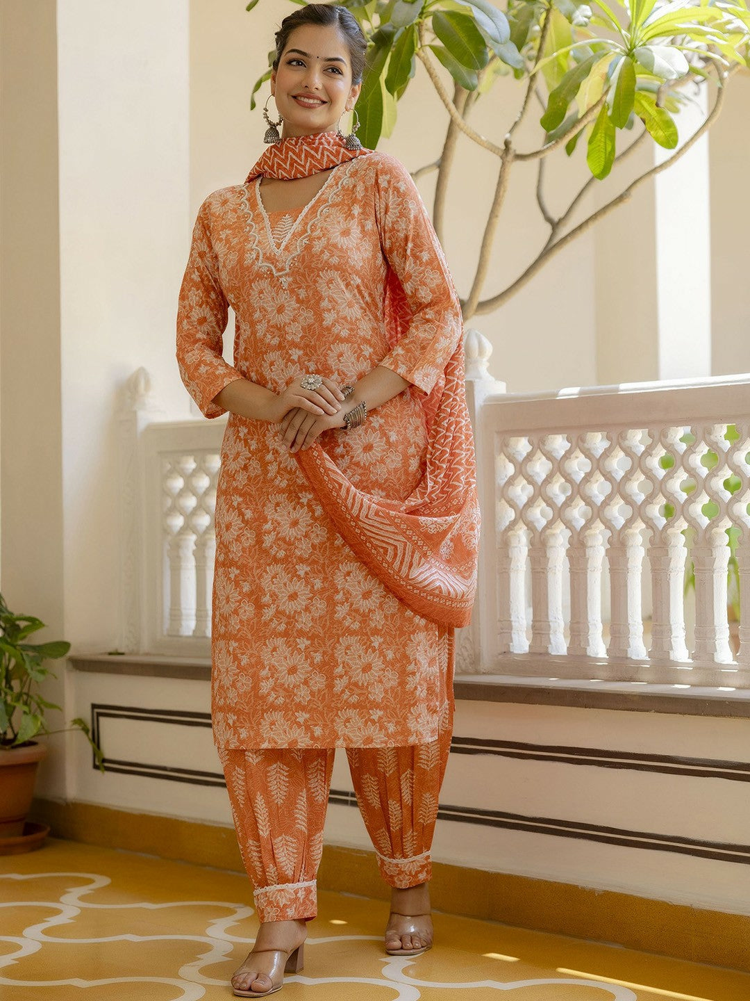 Orange Floral Yoke Kurta with Patiala Dupatta Set