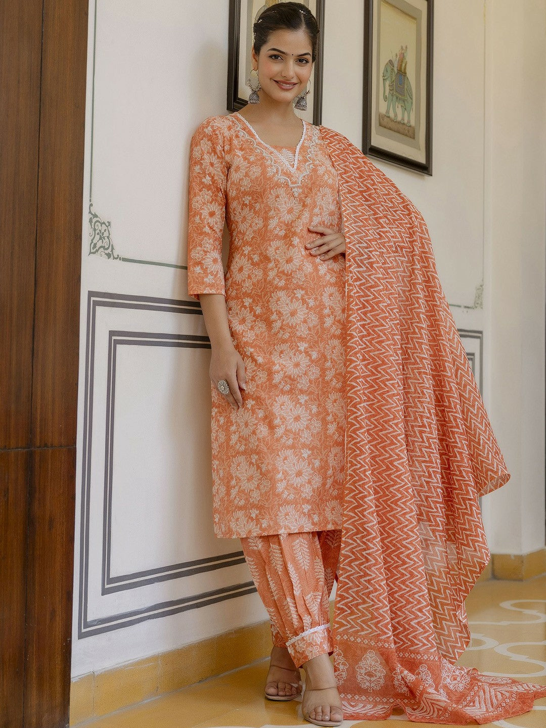 Orange Floral Yoke Kurta with Patiala Dupatta Set