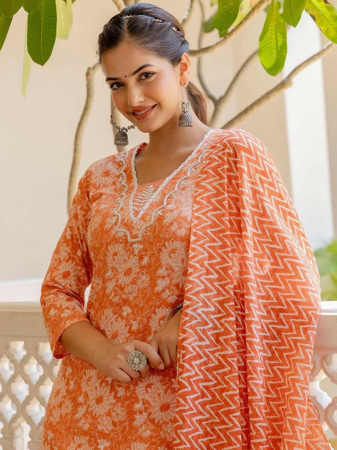 Orange Floral Yoke Kurta with Patiala Dupatta Set