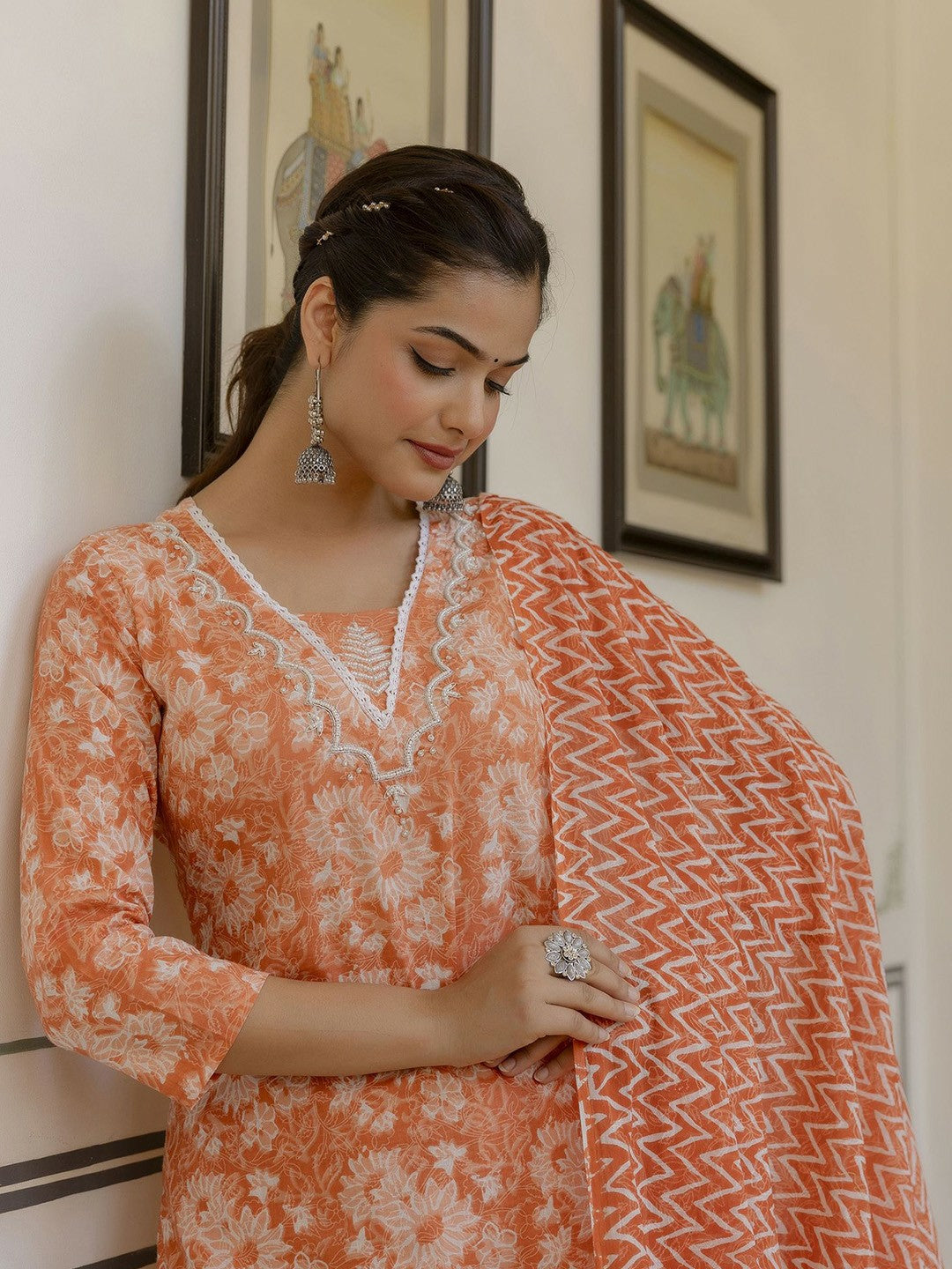 Orange Floral Yoke Kurta with Patiala Dupatta Set