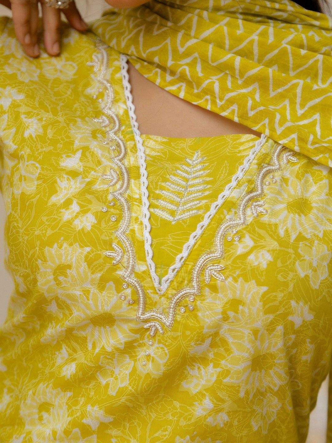 Yellow Floral Yoke Design Straight Kurta with Patiala & Dupatta