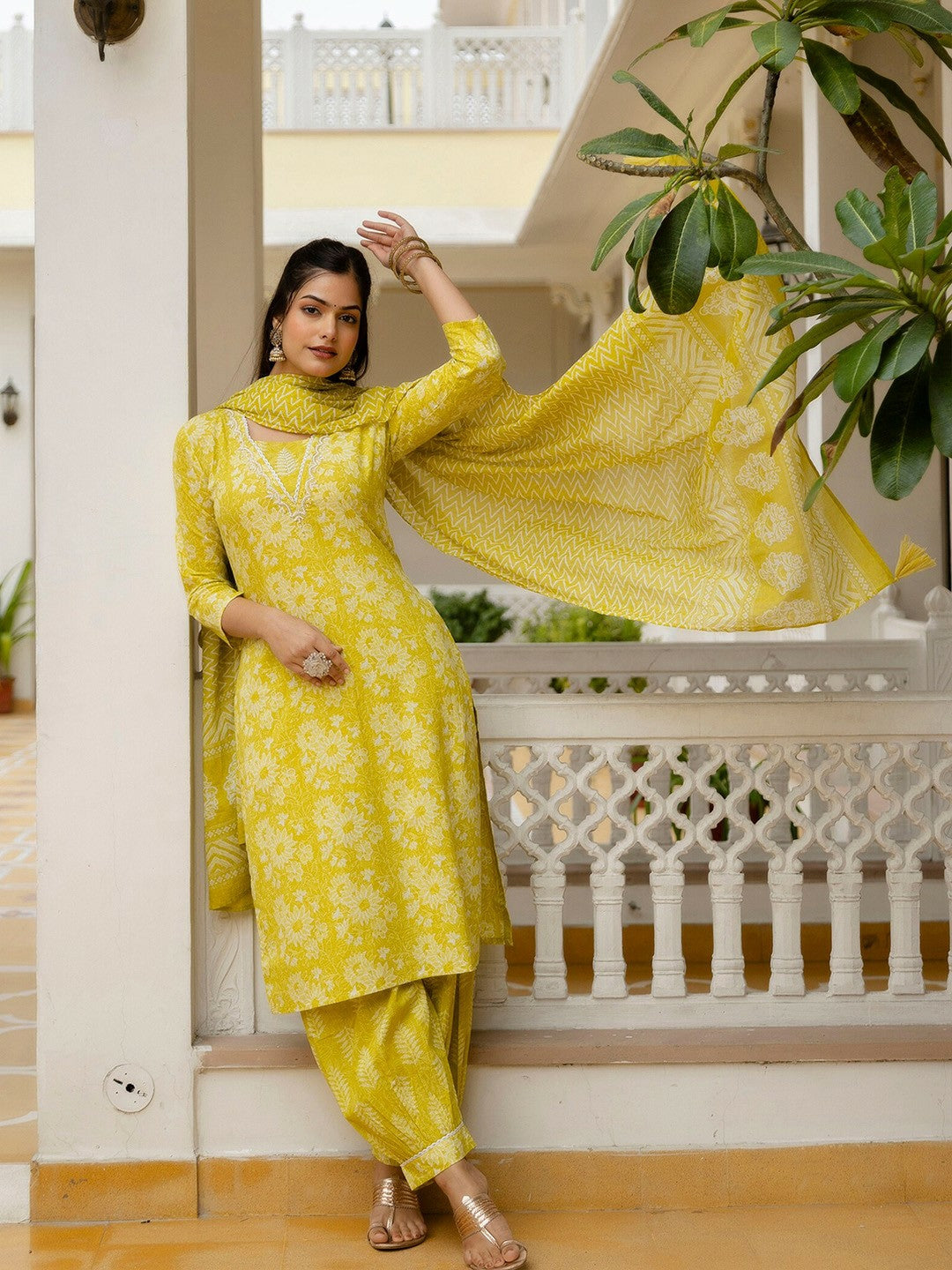 Yellow Floral Yoke Design Straight Kurta with Patiala & Dupatta