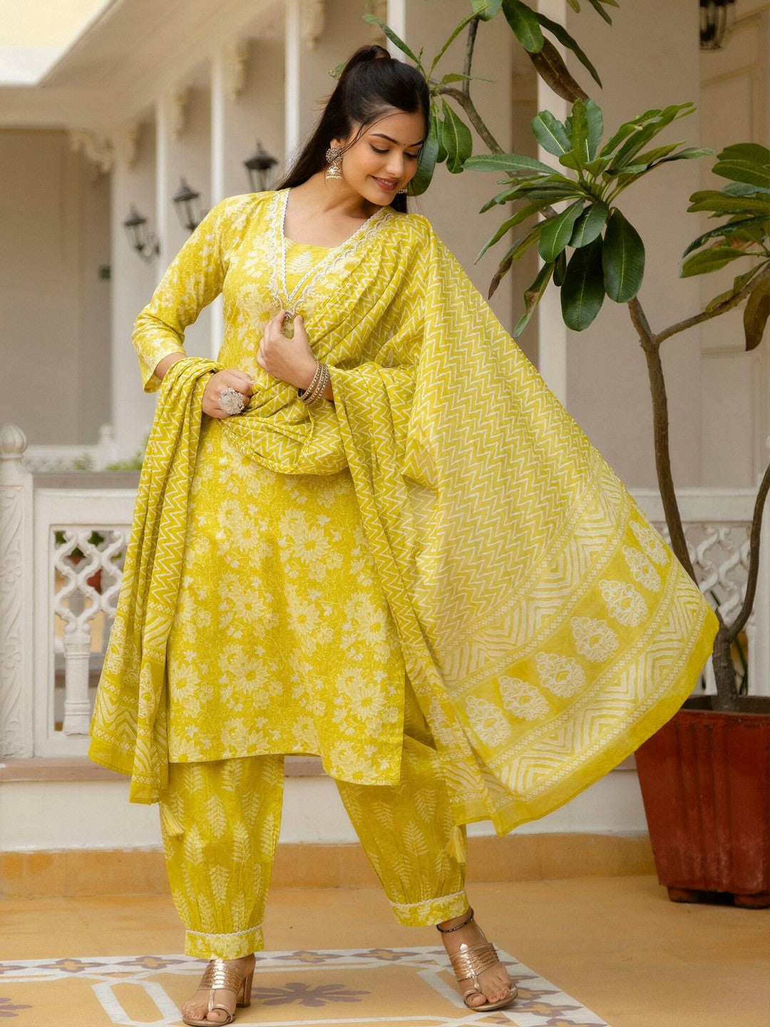 Yellow Floral Yoke Design Straight Kurta with Patiala & Dupatta