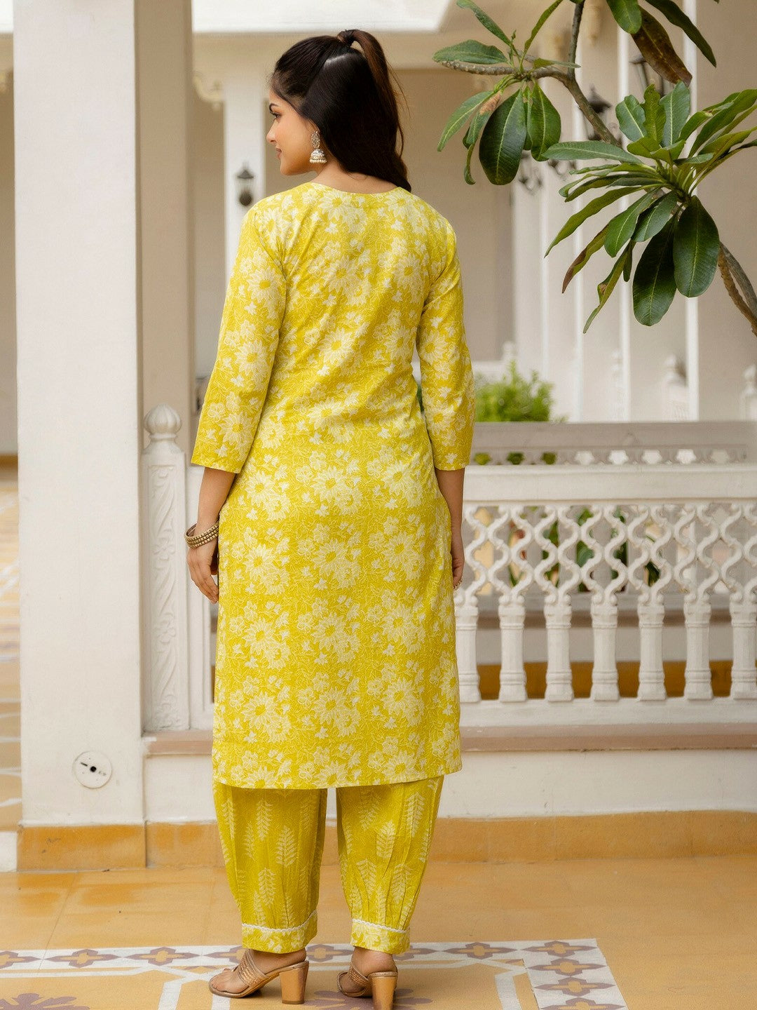 Yellow Floral Yoke Design Straight Kurta with Patiala & Dupatta