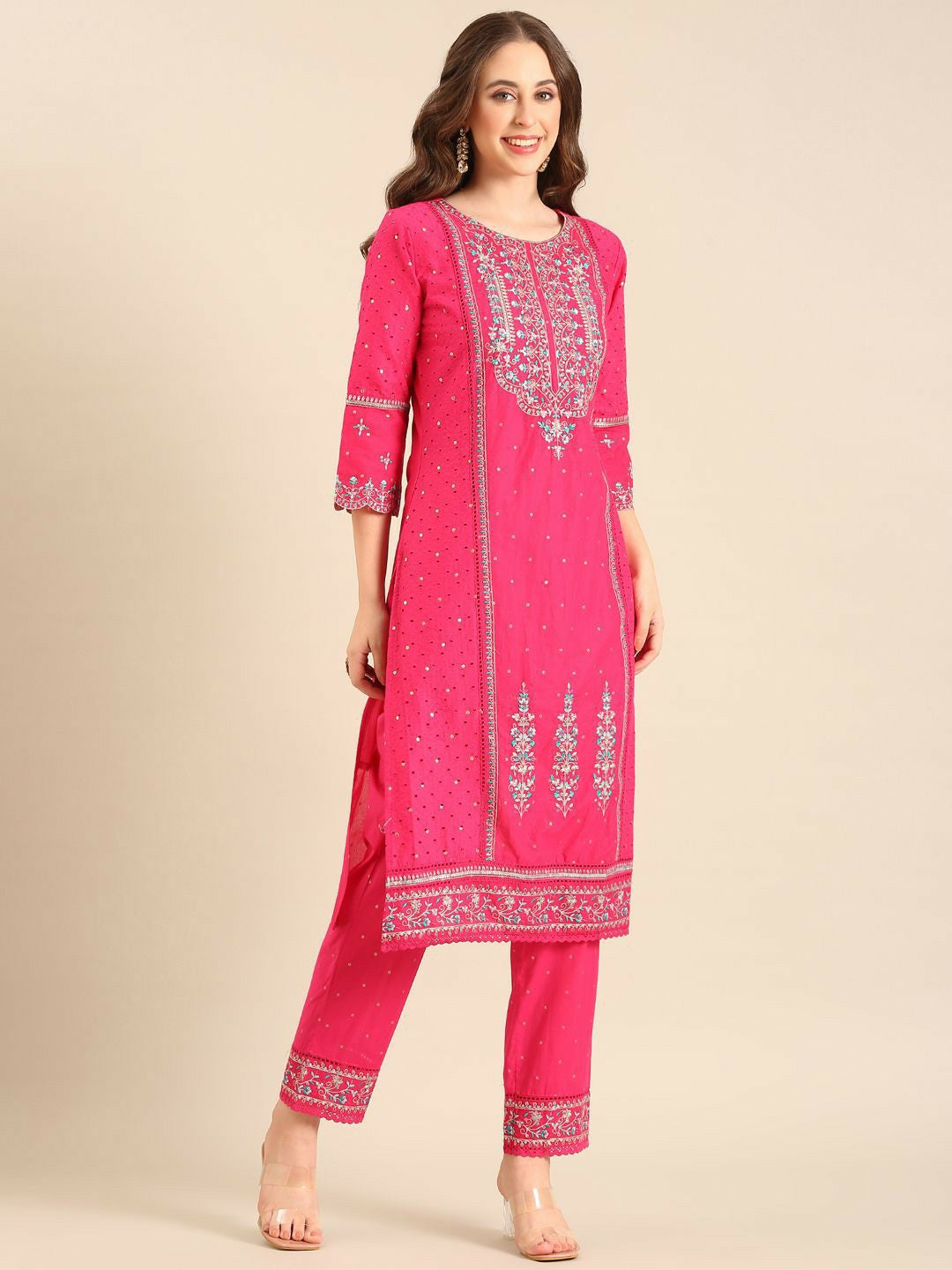 Pink Embroidered Round Neck Straight Kurta with Trouser & Dupatta