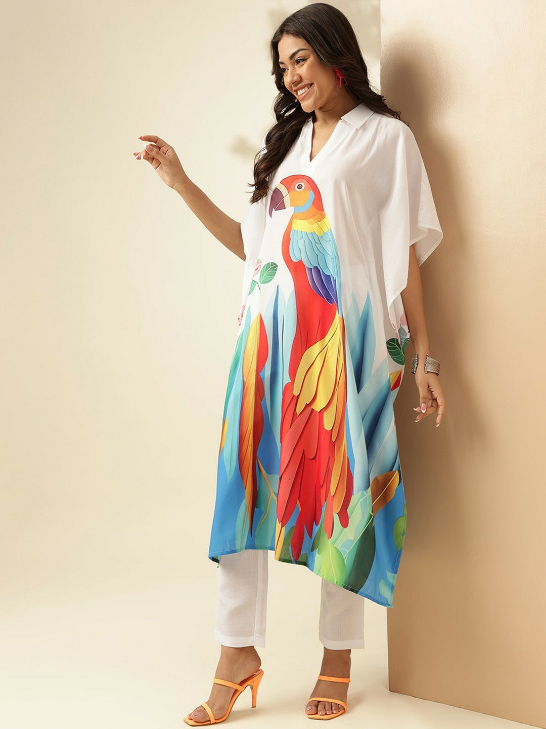 White Animal Print Angrakha Kurta with Trousers