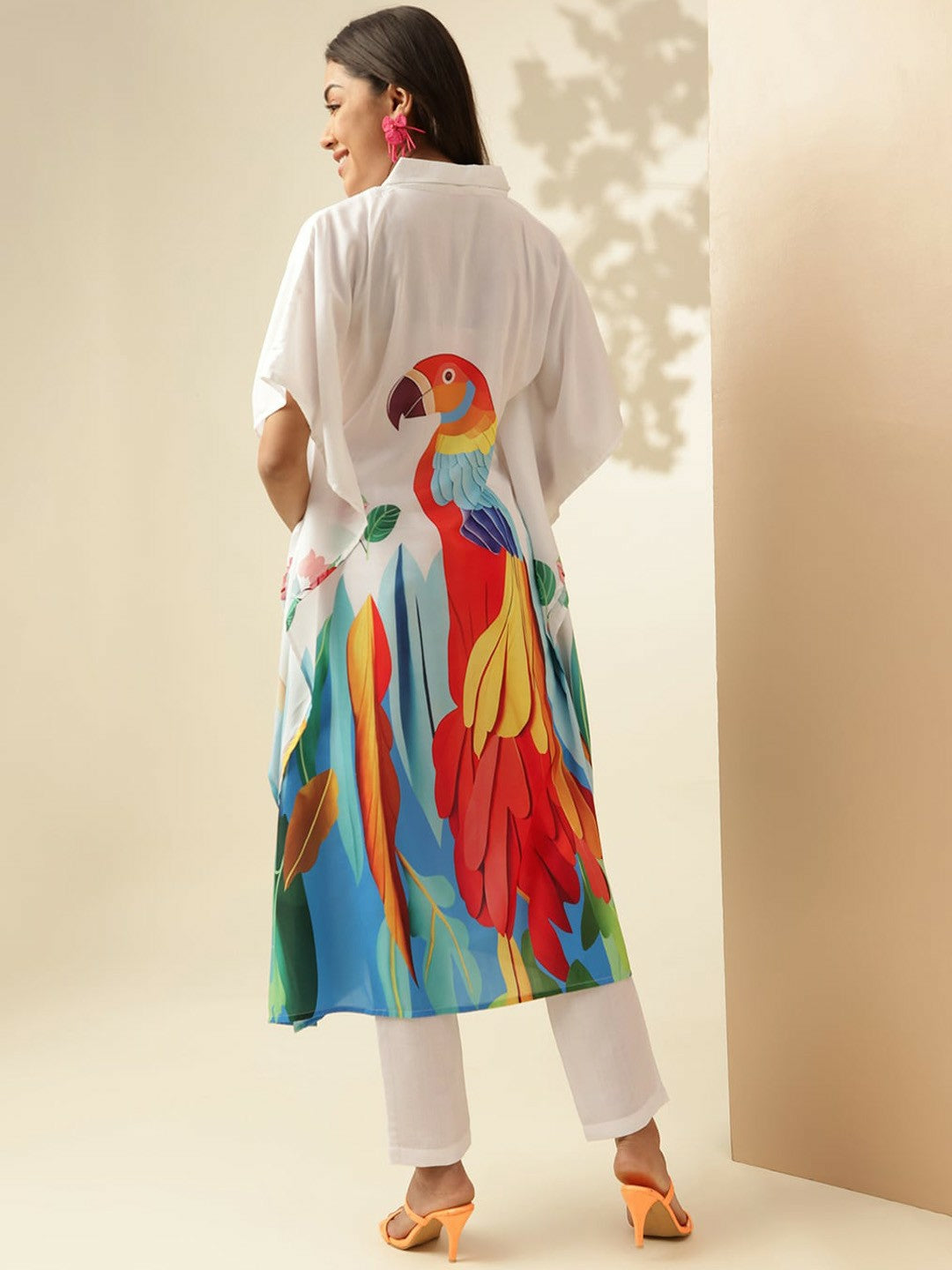 White Animal Print Angrakha Kurta with Trousers