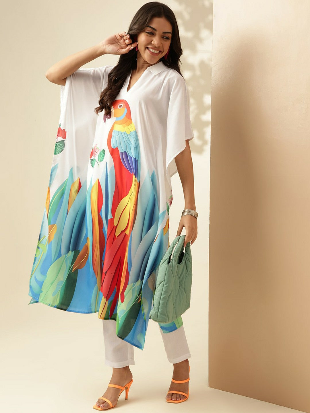 White Animal Print Angrakha Kurta with Trousers