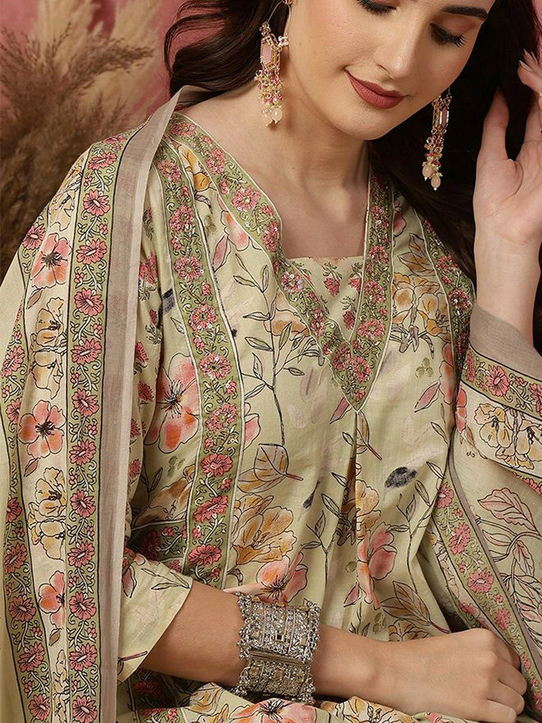 Beige Floral Print A-Line Cotton Kurta with Trousers & Dupatta