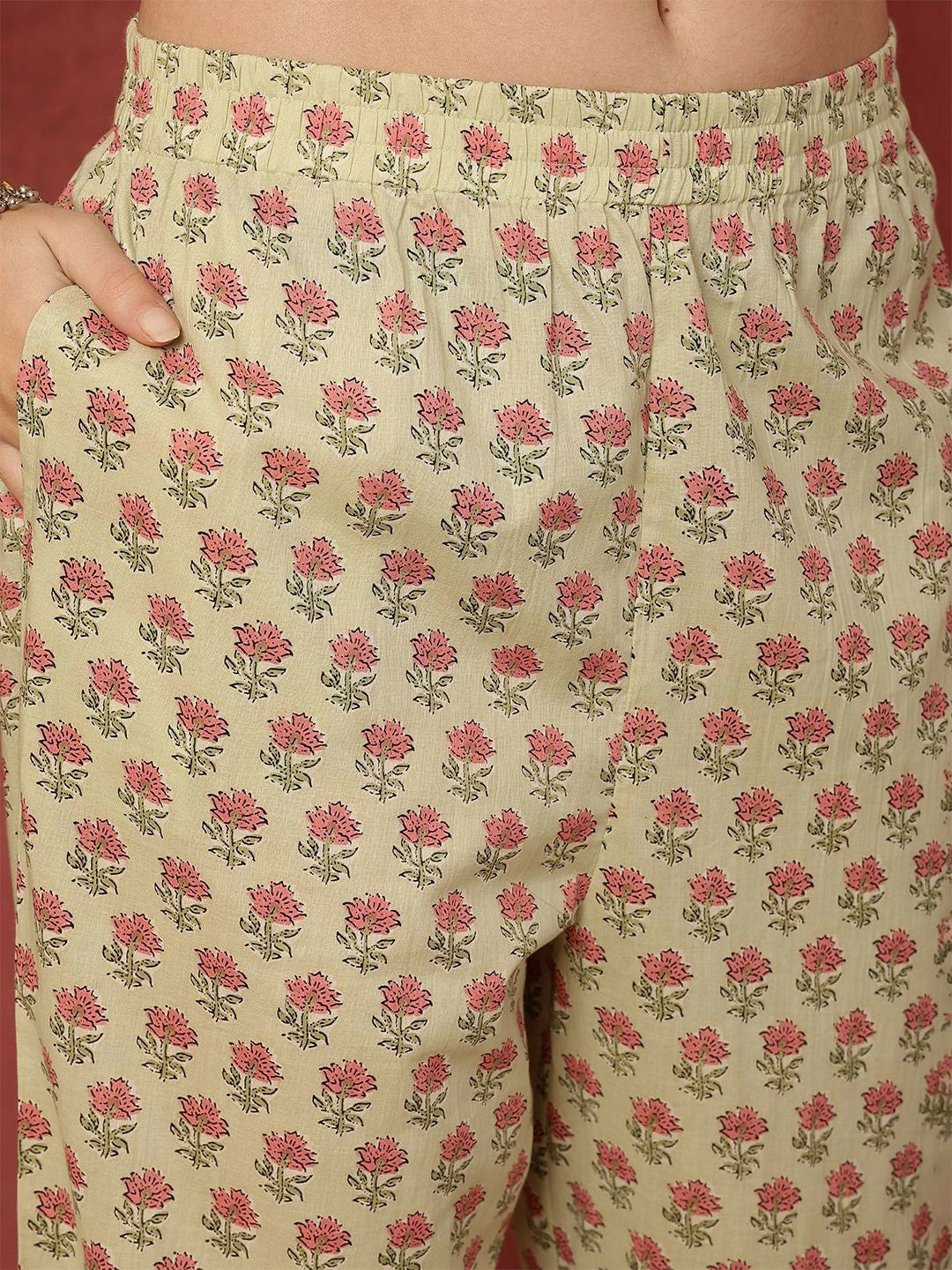 Beige Floral Print A-Line Cotton Kurta with Trousers & Dupatta