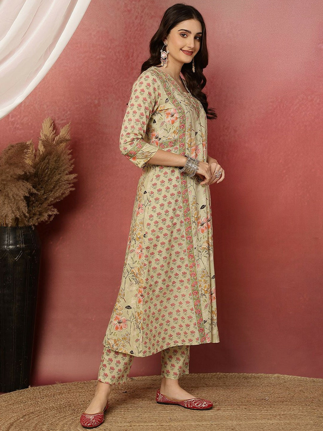 Beige Floral Print A-Line Cotton Kurta with Trousers & Dupatta