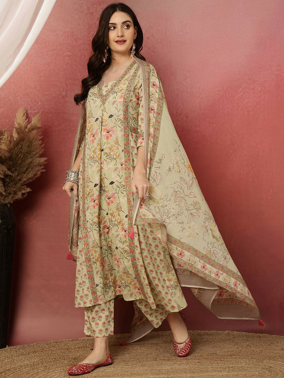 Beige Floral Print A-Line Cotton Kurta with Trousers & Dupatta
