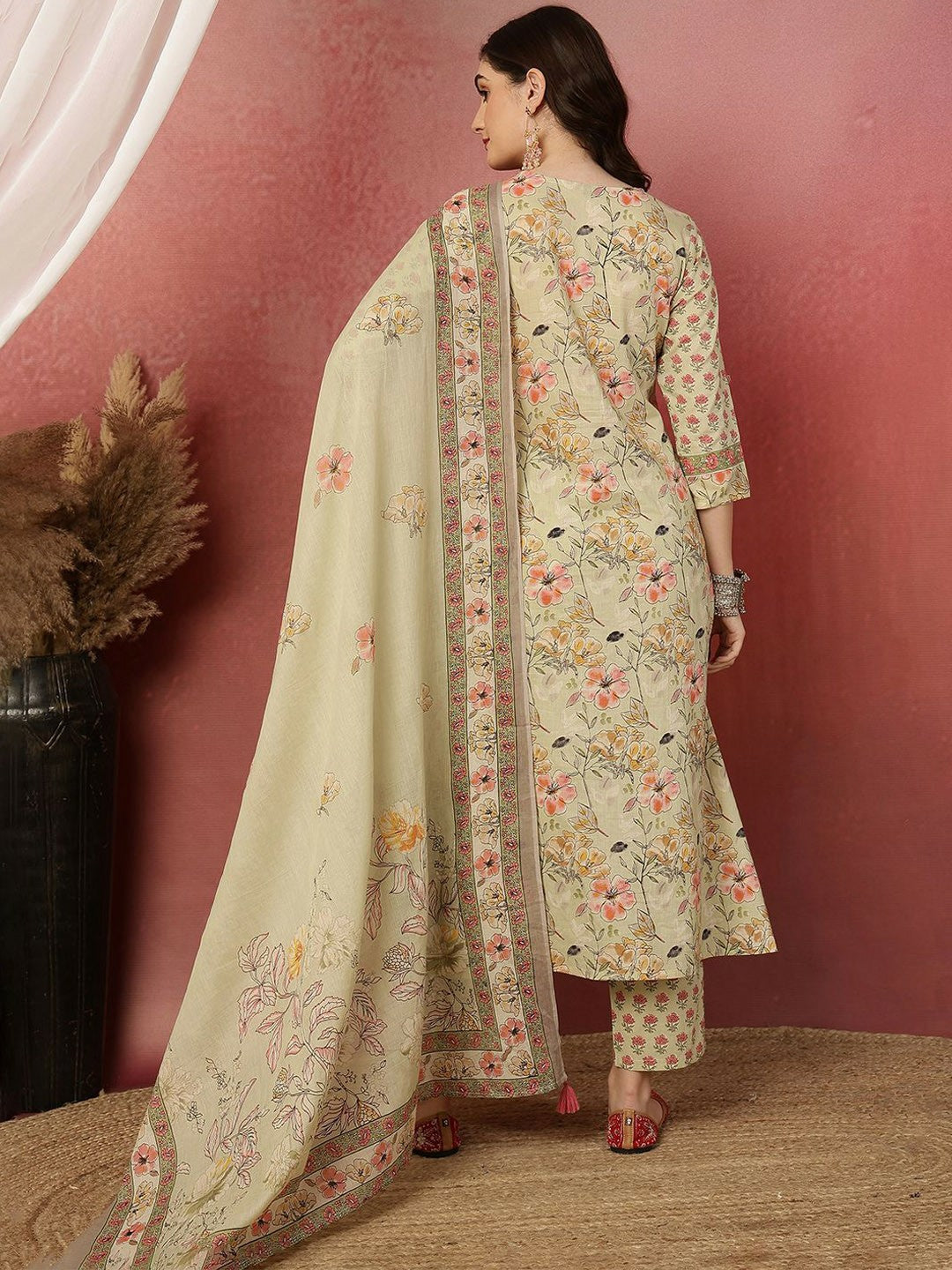 Beige Floral Print A-Line Cotton Kurta with Trousers & Dupatta